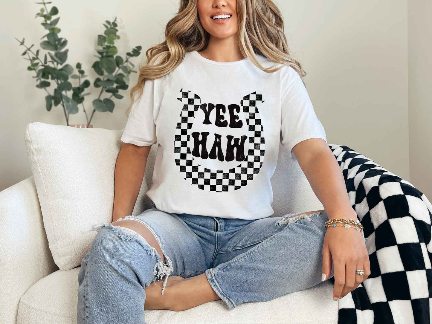 Checkered YeeHaw Tee White