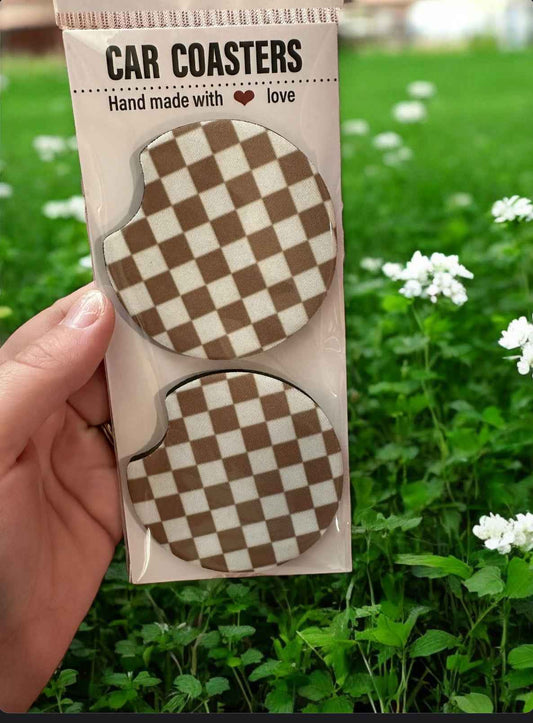 Brown Checkered Car Coasters