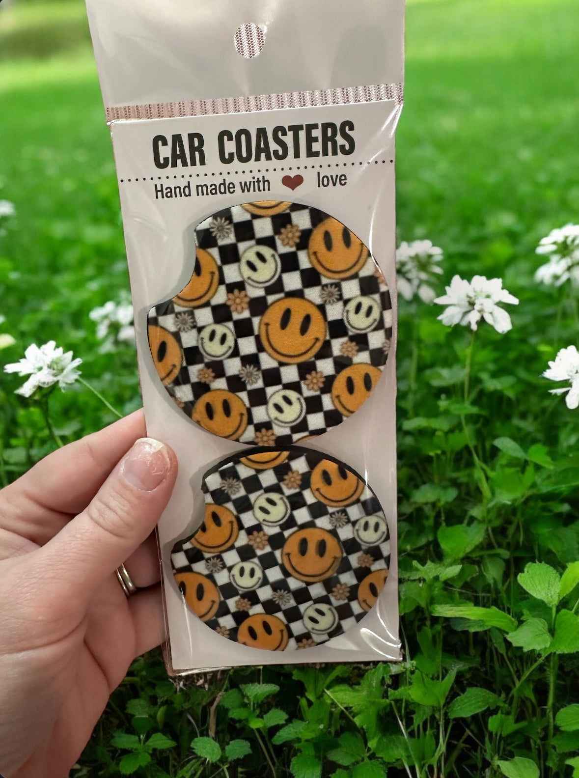 Retro Checkered Happy Face Car Coasters