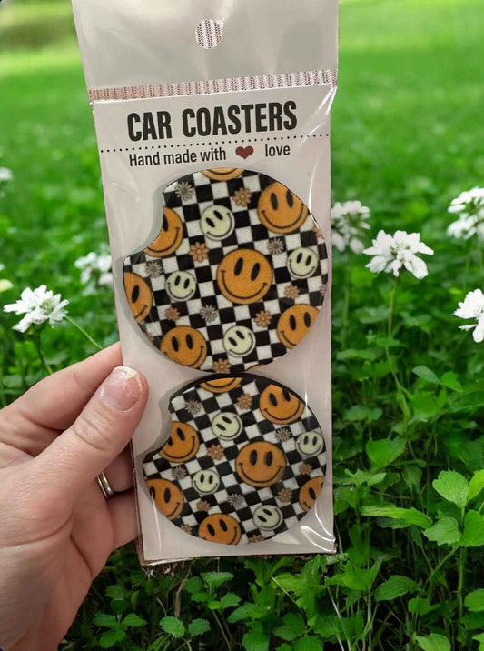 Retro Checkered Happy Face Car Coasters