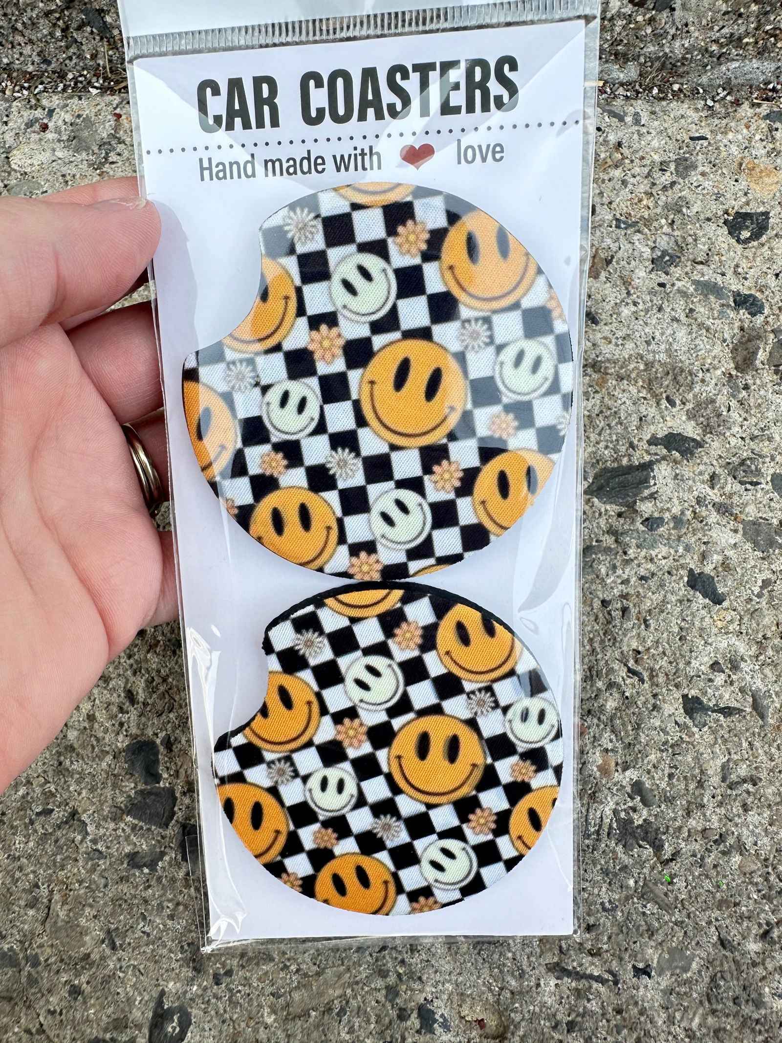 Retro Checkered Happy Face Car Coasters