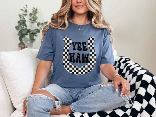Checkered YeeHaw Tee Indigo Blue