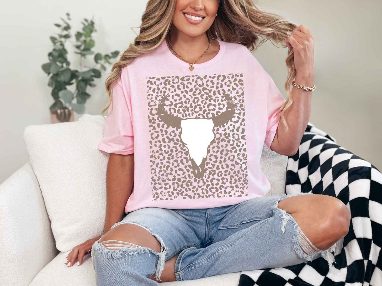 Cheetah Cow Skull Tee Light Pink