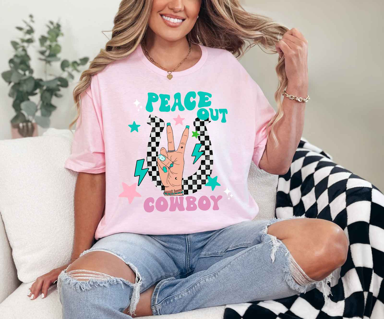 Peace Out Cowboy Tee Light Pink