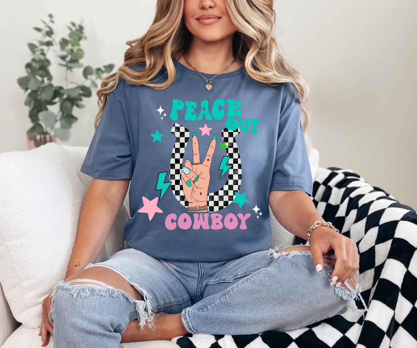 Peace Out Cowboy Tee Indigo Blue