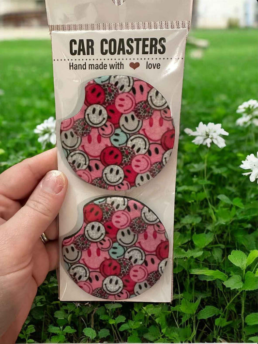 Pink Retro Happy Face Car Coasters
