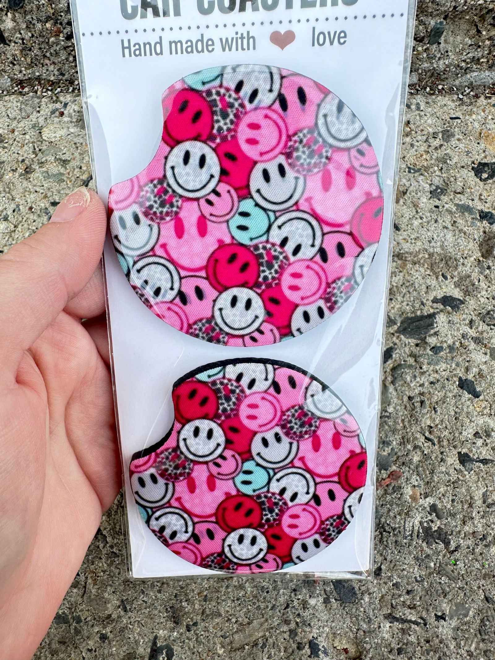 Pink Retro Happy Face Car Coasters