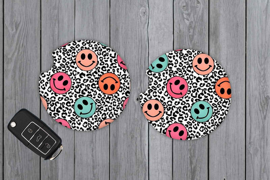 Retro Cheetah Happy Face Car Coasters