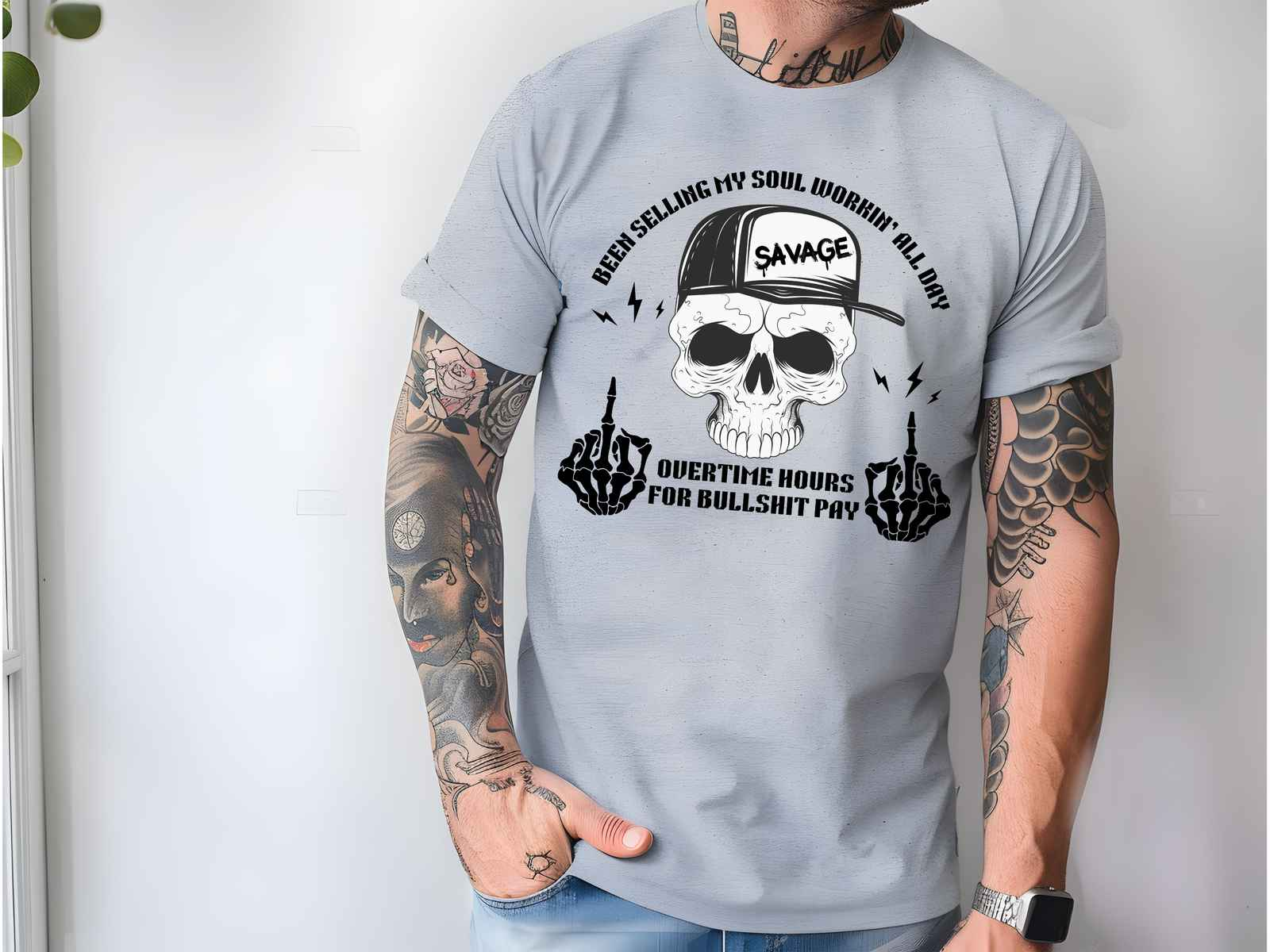 Workin’ All Day Skeleton Shirt Athletic Gray