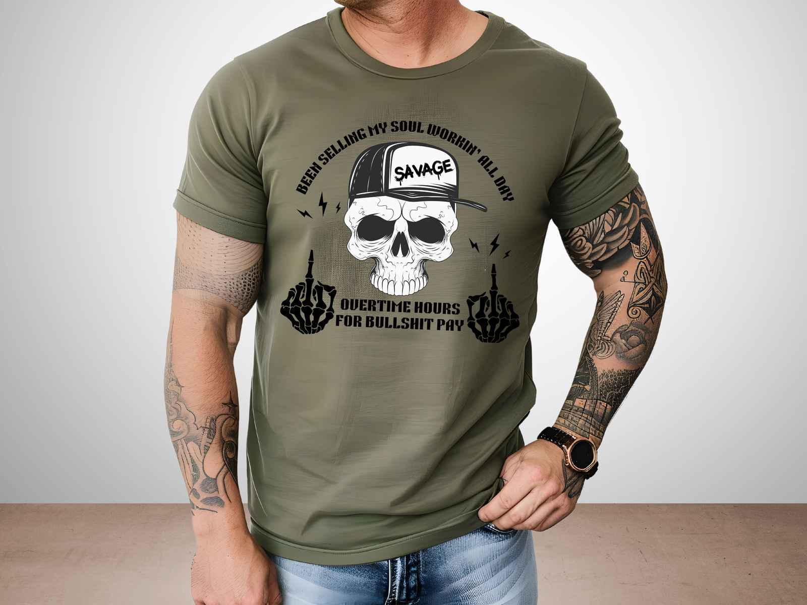 Workin’ All Day Skeleton Shirt Heather Military Green