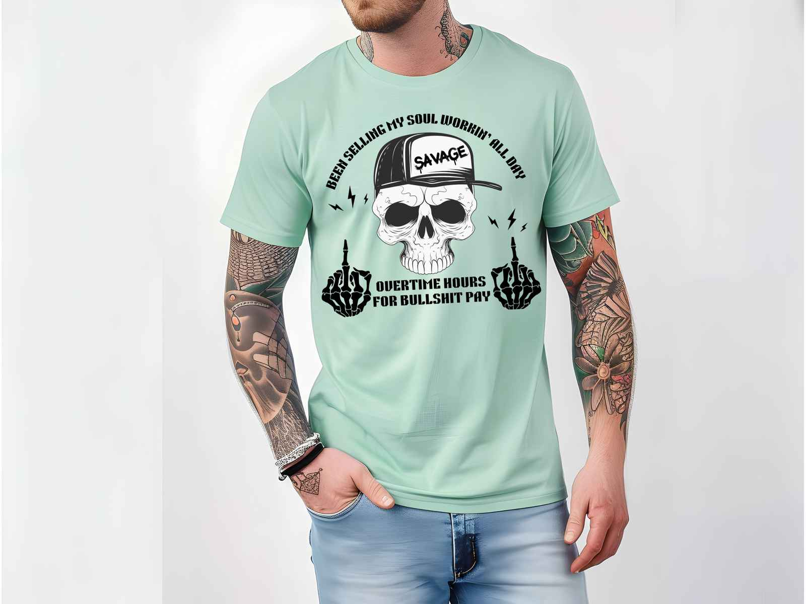Workin’ All Day Skeleton Shirt Mint Green